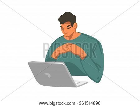 Hand Drawn Vector Abstract Stock Graphic Illustration With Young Male Working On Laptop Computer Iso