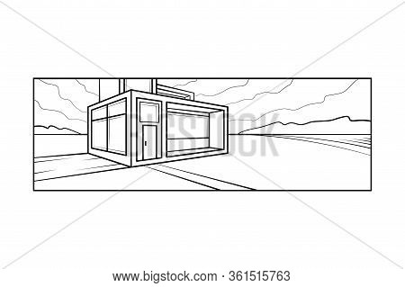 Modern Country House, Panoramic Windows. Landscape, Meadow, Riverbank, Lake. Forest On The Horizon.f
