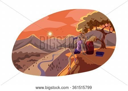 Travelling, Tourism, Rest, Nature, Hiking Concept. Young Woman Hiker Tourist Backpacker Sitting On H