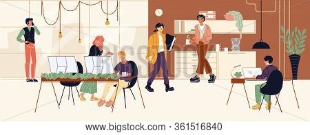 Men, Women Working At Computer Desks In Office. Colleagues Speaking By Phone, Drinking Coffee, Carry