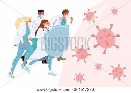 Doctor In Protective Mask Uniform Shield Medical Team Fight Virus Reflect Pathogen Attack Together. 