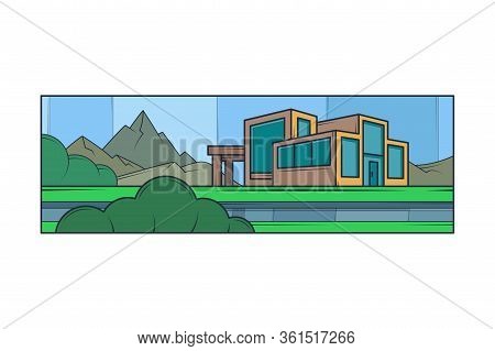 Mountain Landscape. Modern Country House, Panoramic Windows. Lawn Bushes.flat Minimal Linework Hand 