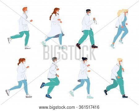 Doctor Running In Masks Uniform Stethoscope Set. Clinic Healthcare, Urgency Medicine, Emergency Help