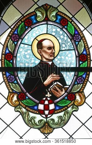 LAZ, CROATIA - JULY 14, 2014: Blessed Alojzije Stepinac, stained glass window at St. Andrew's Church in Laz, Croatia