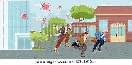 Businesspeople Group Run Away World Viral Influenza Attack Spread. Virus Cells Pandemic, Coronavirus