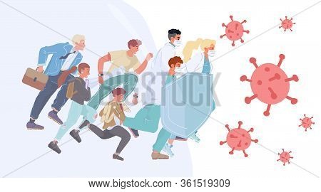 People Doctor Provide Virus Protection Together. Running Characters Shield Fight Virus, Bacteria, Ge