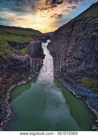 Studlagil Basalt Canyon, Iceland. One Of The Most Wonderfull Nature Sightseeing In Iceland.