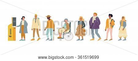 Men, Women Of Different Ages, Nationalities Standing In Line At Cash Dispenser, Wanting To Take Mone