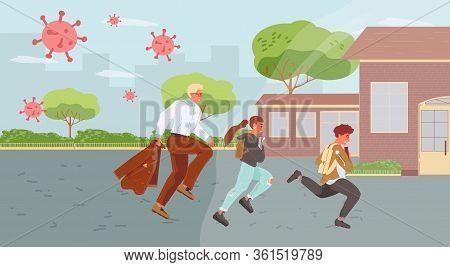 Global Virus Epidemic Concept. Afraid People In Panic Run Away Dangerous Viral Infection Disease Spr