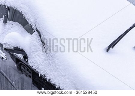 Snow Covered Car. Snowdrift Of Snow By Car. Car Standing In Snow. Winter, Snow, Car In Snowdrift.