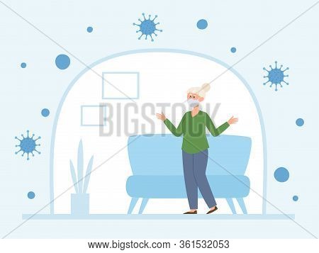 Old Woman In Face Mask In Selfisolation From Coronavirus.