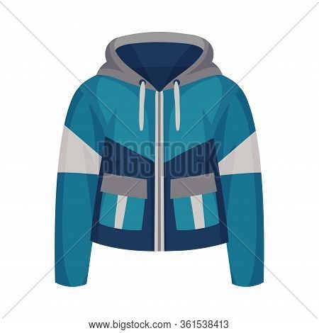 Blue Zippered Anorak With Hood And Side Pockets As Womenswear Vector Illustration