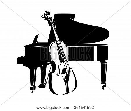 Bass Viol And Grand Piano Instruments - Jazz Music Duet Concert Black And White Vector Design
