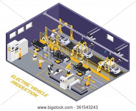 Electric Vehicles Production Facility Interior Robotic Assembly Line Remote Controlled Conveyor Belt