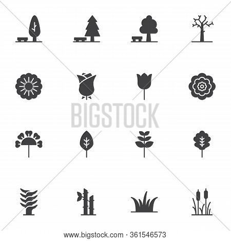 Plants And Flowers Vector Icons Set, Modern Solid Symbol Collection, Filled Style Pictogram Pack. Si