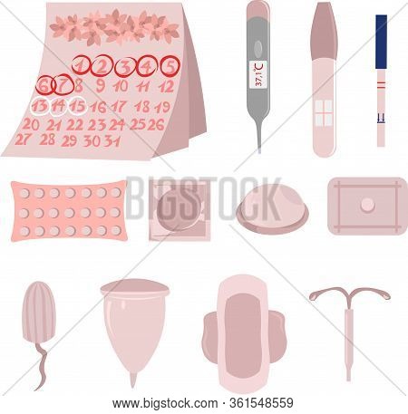 Set Of Objects For Women's Health. Reproduction And Contraception. Pregnancy And Menstruation. Pregn