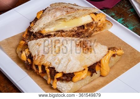 Ciabatta Baguette Sandwiches With Meat, Cheese,  And Vegetales.