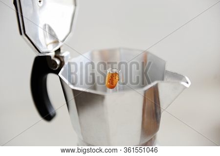 Coffee Brewing In Italian Moka Pot Close Up