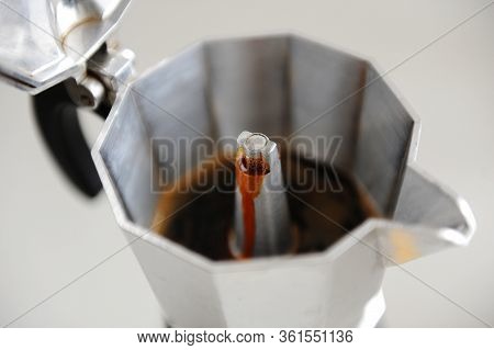 Coffee Brewing In Italian Moka Pot Close Up