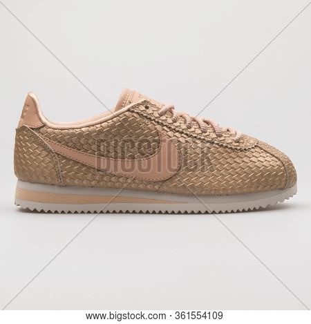 Vienna, Austria - August 24, 2017: Nike Classic Cortez Se Kahki Sneaker On White Background.