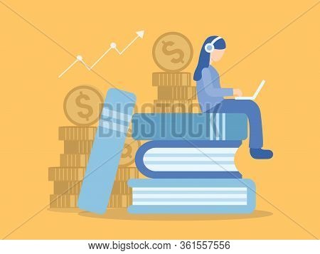 Woman Sitting On Book. Learning Business And Finance Online Course. Illustration About E-learning An