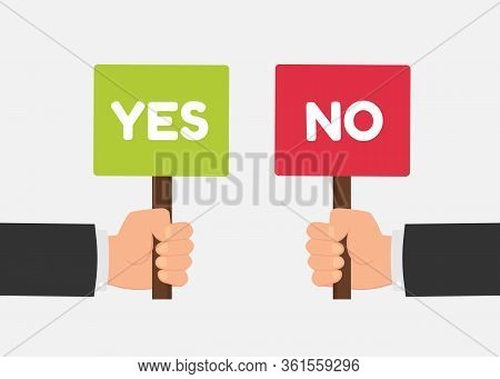 Hand Hold Signboard Green Check Mark And Red X Mark Right And Wrong For Feedback. Sign Icon Concept.