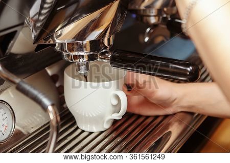 Espresso Machine Pouring Coffee In Cups. Barista Making Fresh Coffee Latte.