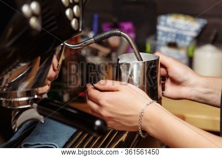 Espresso Machine Pouring Coffee In Cups. Barista Making Fresh Coffee Latte.