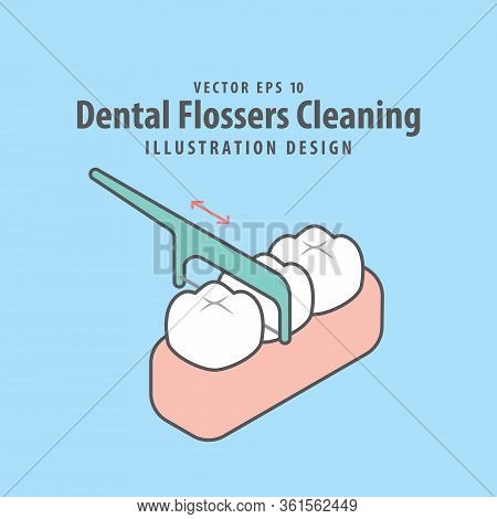 Dental Flossers Cleaning Of Teeth Illustration Vector Design On Blue Background. Dental Care Concept