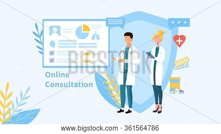 Online Healthcare Concept With Male And Female Doctors And Mobile Device App Showing A Screen With I