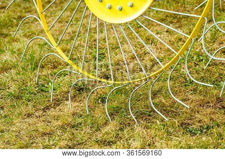 Tractor With Rotary Wheel Hay Rake, Agriculture Machine, Detail View