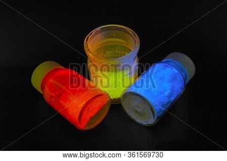 Photoluminescence Chemical Materials, Called Fluorescent. Powder Glows In The Dark Under Uv Light Ra