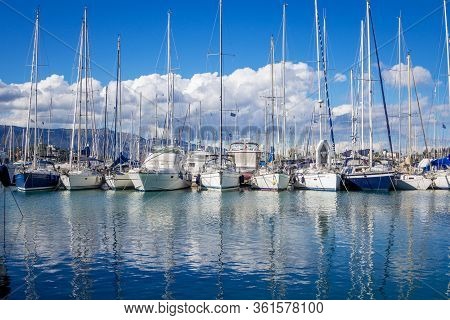 Corfu Island/greece- May 5, 2019: View Of Beautiful Gouvia Port Marina - Calm Sea, White Yachts And 