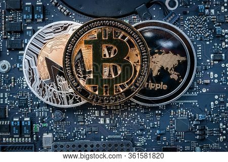Bitcoin Wallet. Gold Cryptomoney Computer Electronic Circuit Board Motherboard. Litecoin, Ethereum C