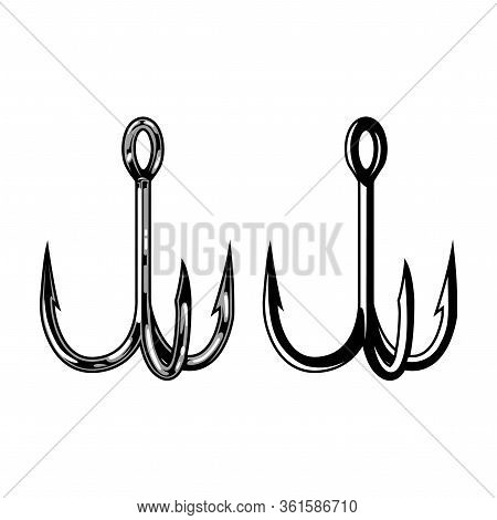 Metal Triple Fishing Hooks Concept In Vintage Monochrome Style Isolated Vector Illustration