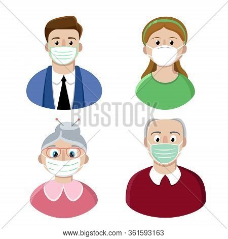 Set Of Flat Vector Icons People Wearing Medical Masks.
Young Man, Young Girl, Elderly Lady And Elder
