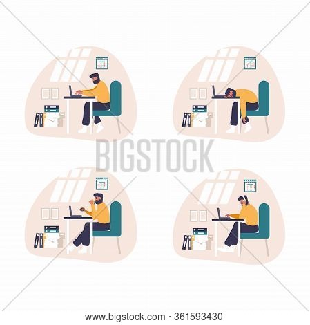 Tired And Bored Man Is Working With Computer. Flat Fun Illustration Of Tired Student Studying Or Wor