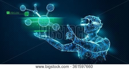 Vr Wireframe Headset Vector Banner. Polygonal Man Wearing Virtual Reality Glasses, With Holographic 