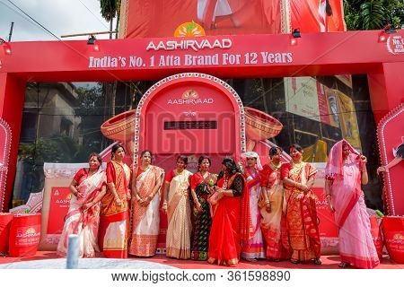 Women Participate In Sindur Khela At A Puja Pandal On The Last Day Of Durga Puja At Baghbazar Sarboj
