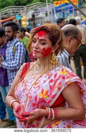 Women Participate In Sindur Khela At A Puja Pandal On The Last Day Of Durga Puja At Baghbazar Sarboj