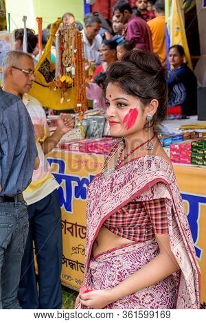 Women Participate In Sindur Khela At A Puja Pandal On The Last Day Of Durga Puja At Baghbazar Sarboj