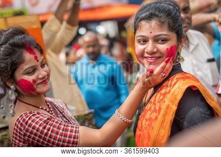 Women Participate In Sindur Khela At A Puja Pandal On The Last Day Of Durga Puja At Baghbazar Sarboj