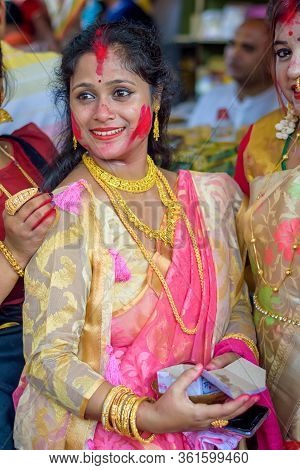 Women Participate In Sindur Khela At A Puja Pandal On The Last Day Of Durga Puja At Baghbazar Sarboj