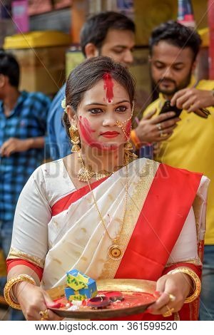 Women Participate In Sindur Khela At A Puja Pandal On The Last Day Of Durga Puja At Baghbazar Sarboj