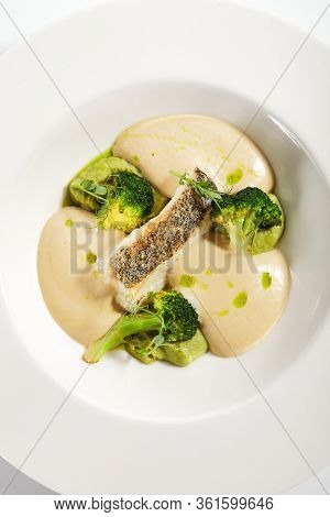 Sea cod fillet top view. Served cuisine. Dish with fish and baked broccoli puree ingredients in white plate isolated. Luxury culinary. Restaurant food portion, delicious supper, main course