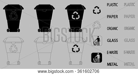 Recycle Bin. Recycle Waste Symbol. Outline And Black Trashcan. Collection Of Garbage Bins In Glyph A