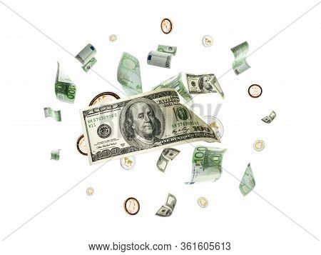 Hundred Dollar Bill. Falling Euro Money, Bitcoin Isolated Background. American Cryptocash
