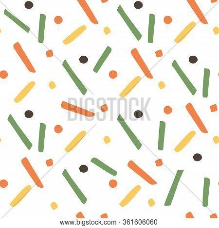 Confetti Rectangle Zig Zag Circle Seamless Pattern In Hand Drawn Style On White Background.