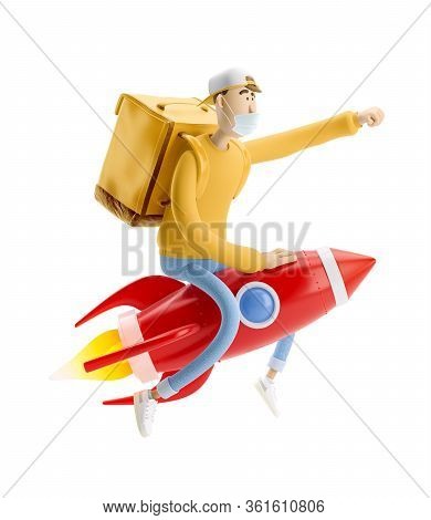 Delivery Guy Flies On A Rocket With Urgent Order In Medical Mask And Yellow Uniform Stands With The 