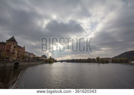 Panorama Of Prague, Czech Republic, Seen From The Vltava River, Also Called Moldau, With Most Legii,